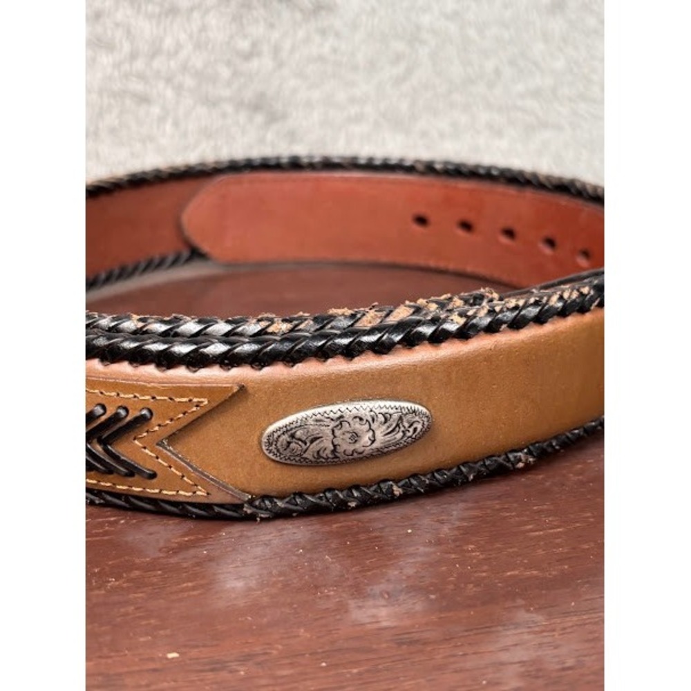 Mens Vintage Top Grain Leather Western Belt Braided Trim Conchos Tan Black 42